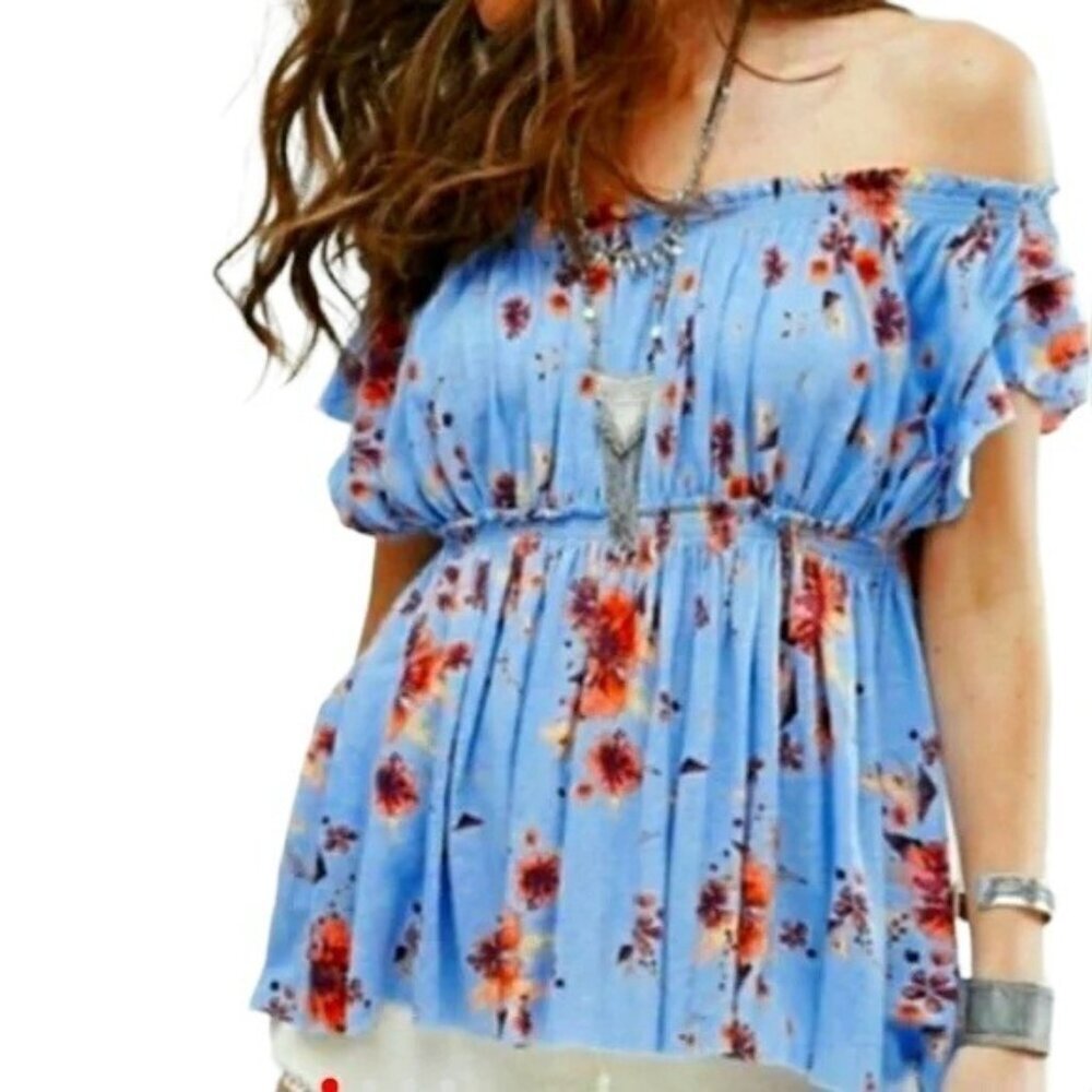 Free People Sam Blue Floral Linen Off the Shoulder Blouse